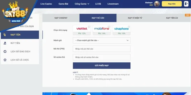 Giao dịch Nạp Tiền SKY88 qua thẻ cào bảo mật, uy tín