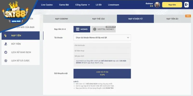 Nạp Tiền SKY88 siêu tốc thông qua hình thức Momo