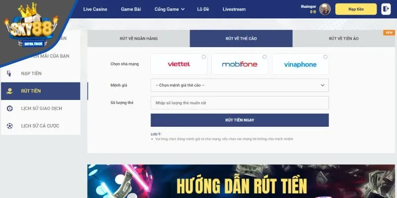 Rút Tiền SKY88 thông qua thẻ cào nhanh chóng