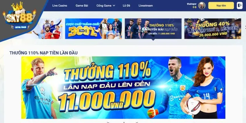 Thưởng 110% tiền nạp - khuyến mãi SKY88 siêu hời